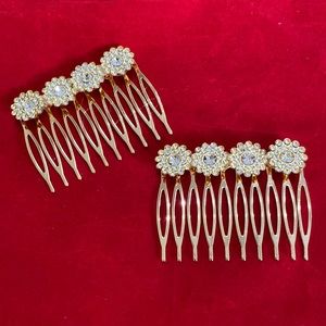 Hair Combs Set Of 2 Gold Tone Flower Rhinestones 2”